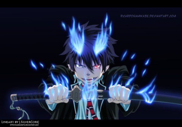 Anime picture 1231x863 with ao no exorcist a-1 pictures okumura rin ricardonamikaze single short hair open mouth blue eyes black hair smile red eyes pointy ears teeth heterochromia coloring magic black background sharp teeth boy weapon