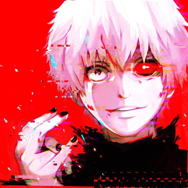 Anime picture 1080x1080 with tokyo ghoul studio pierrot kaneki ken tagme (artist) single looking at viewer fringe short hair smile white hair nail polish fingernails red background black nail polish black sclera crazy crazy eyes boy