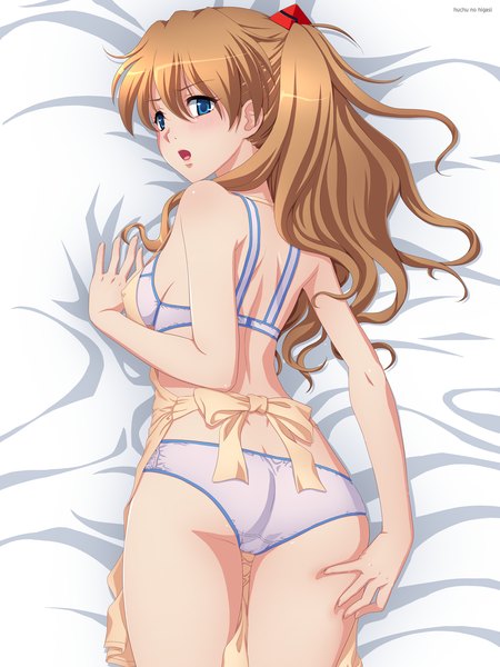 Anime picture 1200x1600 with neon genesis evangelion gainax soryu asuka langley tadano akira long hair tall image blush open mouth blue eyes light erotic brown hair game cg looking back underwear only back nearly naked apron girl underwear panties apron