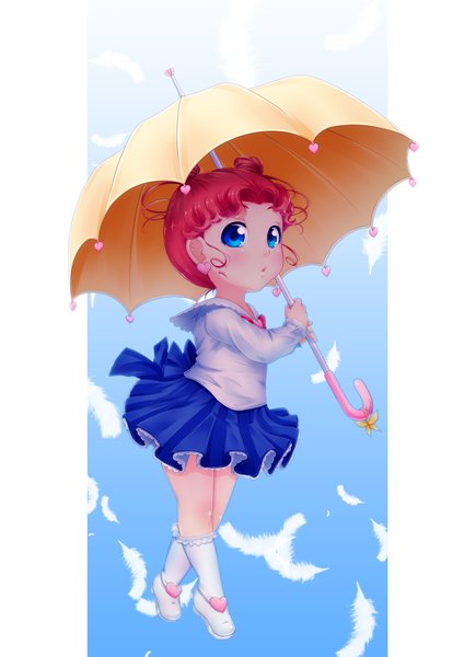 Anime picture 2893x4092 with bishoujo senshi sailor moon toei animation chibi chibi kirael-art (artist) single tall image looking at viewer blush highres short hair blue eyes simple background white background holding sky red hair pleated skirt hair bun (hair buns) blue background girl