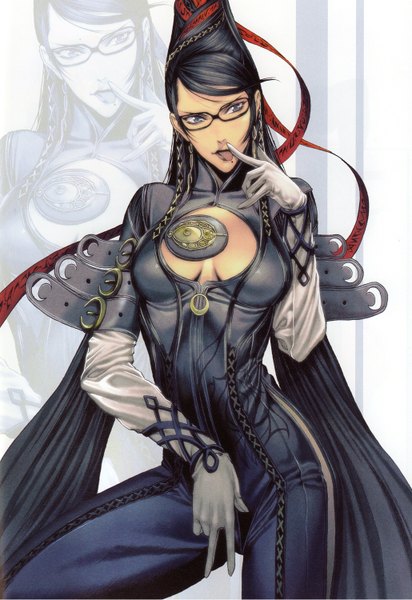Anime picture 1030x1500 with bayonetta bayonetta (character) homare (fool's art) single tall image black hair simple background looking away cleavage very long hair scan mole grey eyes finger to mouth cleavage cutout zoom layer skin tight girl gloves ribbon (ribbons)