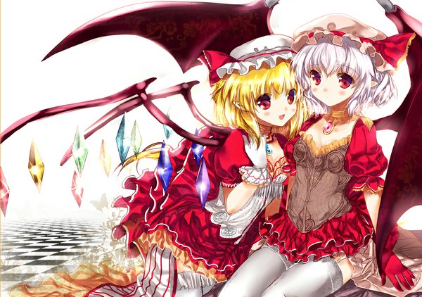 Anime picture 1192x839 with touhou flandre scarlet remilia scarlet heco (mama) blush short hair blonde hair red eyes multiple girls white hair pointy ears checkered floor girl thighhighs dress 2 girls white thighhighs wings jewelry bonnet