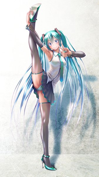 Anime picture 1080x1920 with vocaloid hatsune miku wokada single tall image light erotic smile twintails very long hair aqua eyes aqua hair victory legs up girl thighhighs skirt underwear panties black thighhighs detached sleeves