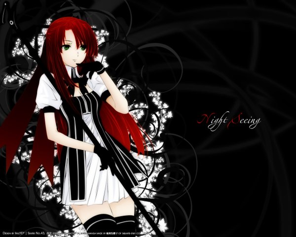 Anime picture 1280x1024 with sekirei yomi (sekirei) single long hair fringe simple background holding green eyes red hair scan inscription short sleeves finger to mouth black background girl thighhighs dress gloves black thighhighs black gloves