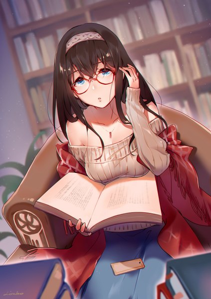 Anime picture 1100x1560 with idolmaster idolmaster cinderella girls sagisawa fumika limbo (artist) single long hair tall image looking at viewer fringe breasts open mouth blue eyes black hair hair between eyes large breasts sitting bare shoulders holding indoors long sleeves