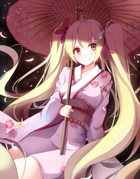 Anime picture 1652x2113 with vocaloid hatsune miku shiguru single long hair tall image looking at viewer blush fringe blonde hair smile sitting twintails holding yellow eyes long sleeves traditional clothes japanese clothes hair flower wide sleeves