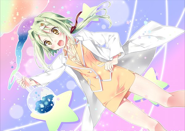 Anime picture 1024x725 with friends (game) kamiya maneki blush short hair open mouth yellow eyes game cg green hair girl hair ornament star (symbol) labcoat