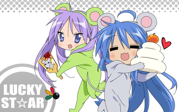 Anime picture 1920x1200 with lucky star kyoto animation izumi konata hiiragi kagami long hair blush highres open mouth blue eyes wide image multiple girls animal ears ahoge eyes closed very long hair new year cosplay :3 mouse ears 2008