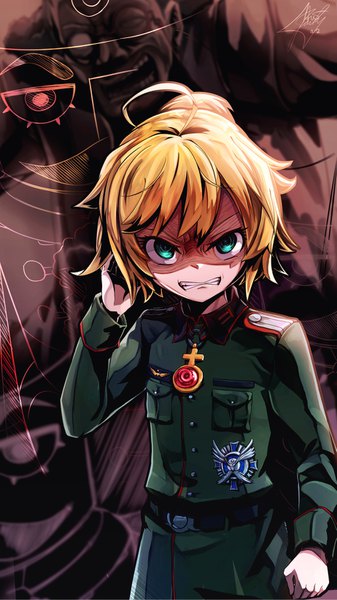 Anime picture 923x1642 with youjo senki tanya degurechaff j.h_j.h single tall image looking at viewer fringe short hair blonde hair smile standing signed ahoge ponytail long sleeves arm up aqua eyes grin angry military
