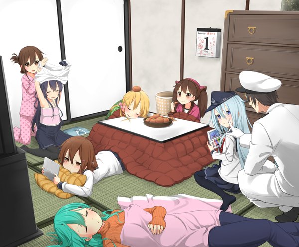 Anime picture 2000x1650 with kantai collection hibiki destroyer suzuya heavy cruiser prinz eugen (kantai collection) akatsuki destroyer inazuma destroyer ikazuchi destroyer admiral (kantai collection) ryuujou light aircraft carrier musk tiger long hair blush highres blue eyes black hair blonde hair brown hair sitting twintails multiple girls