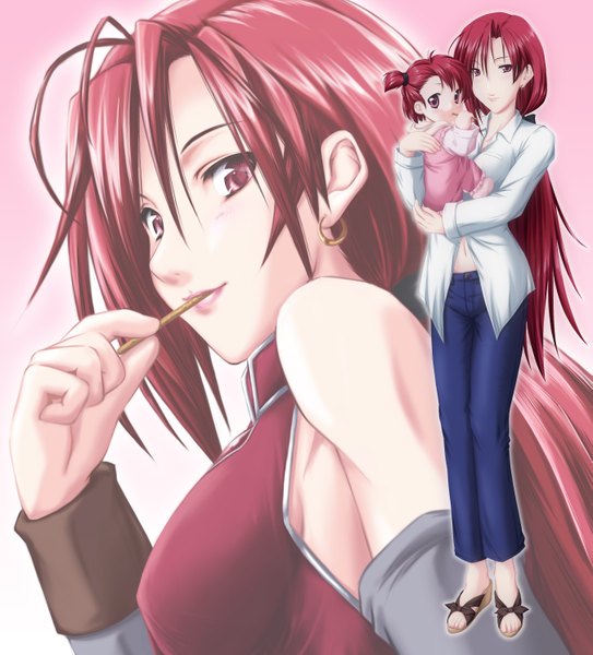 Anime picture 2697x2977 with mahou shoujo madoka magica shaft (studio) sakura kyouko nori tamago long hair tall image highres red eyes red hair mouth hold girl child (children) jeans