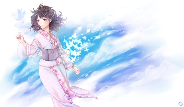 Anime picture 2000x1169 with original ymira single long hair highres black hair wide image sky japanese clothes black eyes girl belt kimono insect butterfly