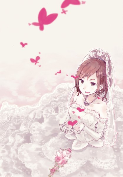 Anime picture 748x1074 with original hrd single long hair tall image blush open mouth brown hair bare shoulders brown eyes ponytail from above wedding girl dress gloves flower (flowers) elbow gloves white gloves heart