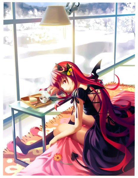 Anime picture 4080x5265 with original vofan single long hair tall image looking at viewer highres smile red eyes absurdres red hair indoors tail horn (horns) scan winter snow girl dress hair ornament