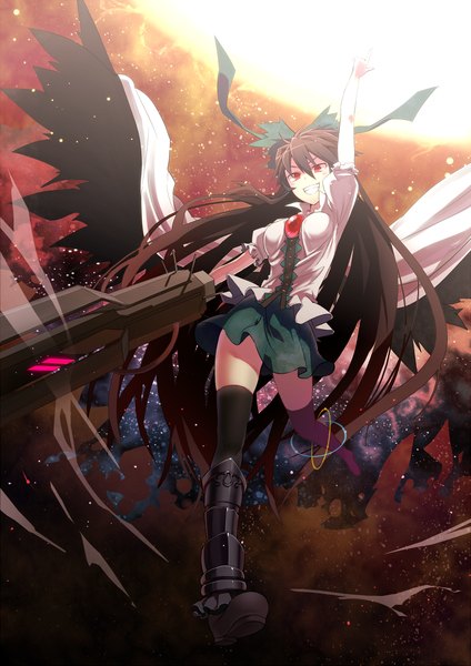 Anime picture 707x1000 with touhou reiuji utsuho kikugetsu single tall image smile red eyes brown hair very long hair grin flying black wings space pointing starry sky print arm cannon space print girl thighhighs bow