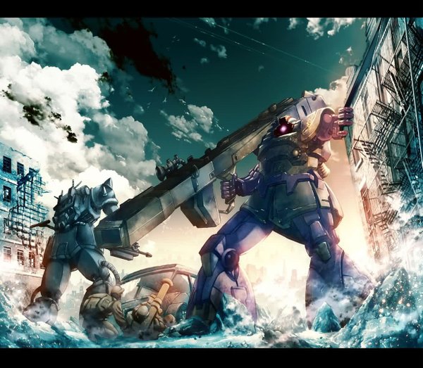 Anime picture 1221x1066 with mobile suit gundam sunrise (studio) gouf dom keiji asakawa sky cloud (clouds) ruins destruction animal armor bird (birds) gun building (buildings) huge weapon robot mecha