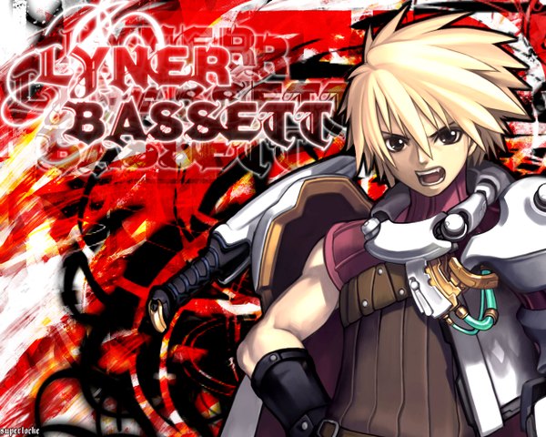 Anime picture 1280x1024 with ar tonelico gust (company) lyner barsett single looking at viewer fringe open mouth blonde hair hair between eyes brown eyes upper body :d teeth fang (fangs) character names hand on hip boy