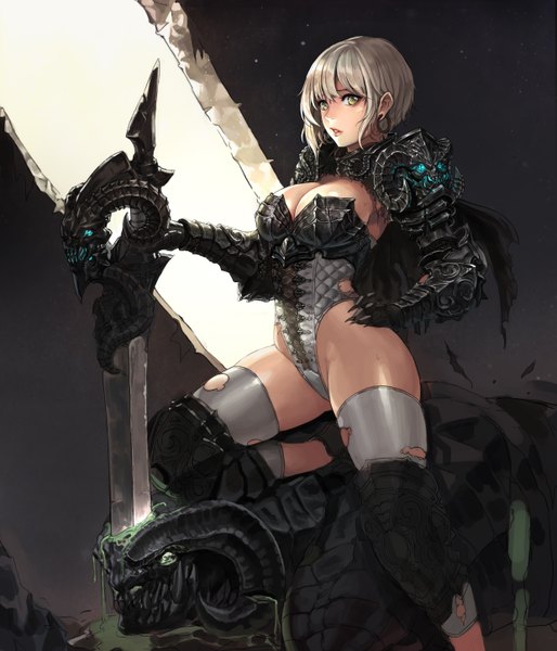 Anime picture 2480x2896 with original ake (cherrylich) tall image highres short hair breasts light erotic blonde hair large breasts yellow eyes cleavage hand on hip demon girl thighhighs weapon sword armor blood jewelry