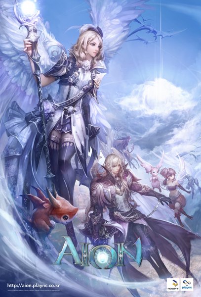 Anime picture 5429x8000 with aion elyos long hair tall image highres blonde hair multiple girls absurdres sky cloud (clouds) lips inscription grey eyes fantasy girl thighhighs dress boy gloves earrings