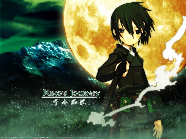 Anime picture 1600x1200 with kino no tabi kino (kino no tabi) single looking at viewer fringe short hair hair between eyes signed green hair copyright name character names smoke mountain third-party edit smoking gun girl weapon gun moon full moon