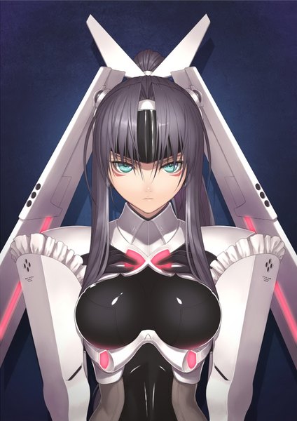 Anime picture 1284x1818 with shining (series) shining hearts phantom queen ex-xecty tony taka single long hair tall image looking at viewer blue eyes black hair absurdres ponytail scan official art dark background girl gloves black gloves