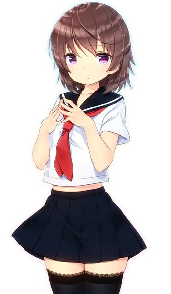 Anime picture 524x900 with original zizi (zz22) single tall image looking at viewer short hair simple background brown hair standing white background purple eyes pleated skirt girl thighhighs skirt uniform black thighhighs school uniform
