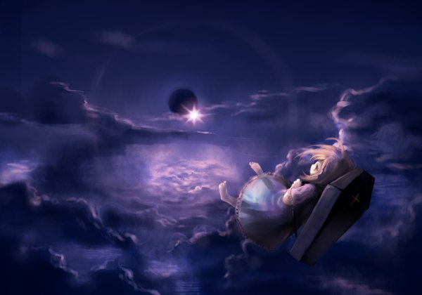 Anime picture 1300x910 with garim (pixiv) single short hair blonde hair brown eyes sky cloud (clouds) barefoot falling girl sun planet coffin