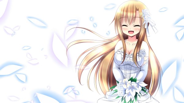Anime picture 2480x1395 with sword art online a-1 pictures yuuki asuna nyarumi single long hair blush highres open mouth simple background brown hair wide image white background eyes closed girl dress gloves petals elbow gloves wedding dress