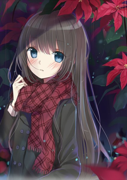 Anime picture 600x848 with original maigoyaki single long hair tall image looking at viewer blush fringe blue eyes black hair parted lips city girl flower (flowers) plant (plants) scarf buttons coat