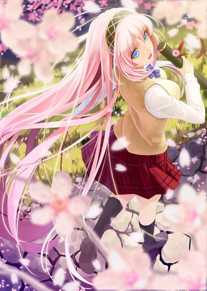 Anime picture 1250x1750 with vocaloid megurine luka okingjo single long hair tall image open mouth blue eyes pink hair graduation girl skirt uniform hair ornament flower (flowers) school uniform petals socks black socks