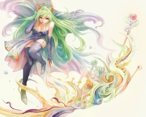 Anime picture 3739x3000 with original mumi single long hair looking at viewer highres breasts white background green eyes absurdres horn (horns) green hair girl thighhighs dress black thighhighs detached sleeves