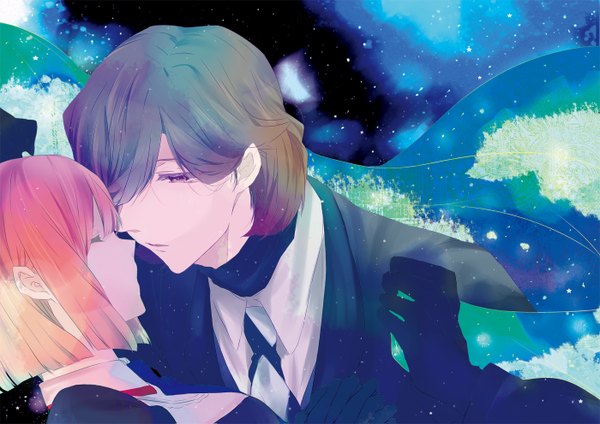 Anime picture 1400x991 with uta no prince-sama a-1 pictures nanami haruka (uta no prince-sama) kotobuki reiji tara (artist) fringe short hair brown hair brown eyes pink hair eyes closed profile hair over one eye orange hair night night sky couple reclining face to face almost kiss