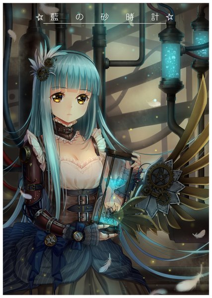 Anime picture 1200x1684 with original haneru single long hair tall image fringe breasts signed yellow eyes looking away cleavage very long hair aqua hair hieroglyph framed frown underbust mechanical arms broken girl