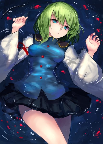 Anime picture 900x1259 with touhou shikieiki yamaxanadu rinaka moruchi single tall image looking at viewer fringe short hair breasts blue eyes lying long sleeves pleated skirt green hair wide sleeves bare legs partially submerged girl skirt miniskirt