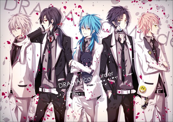 Anime picture 1416x1002 with dramatical murder nitro+chiral tagme (character) moco 315 long hair looking at viewer short hair open mouth black hair smile red eyes green eyes yellow eyes blue hair pink hair ponytail profile pink eyes pointy ears inscription