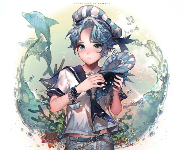 Anime picture 1024x835 with cookie run peppermint cookie kawacy single blush short hair blue eyes standing holding blue hair copyright name eyebrows boy animal bracelet belt chain beret bubble (bubbles) sailor suit
