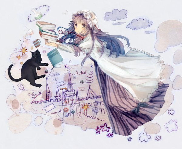 Anime picture 1400x1150 with touhou patchouli knowledge bou shaku single long hair blush purple eyes purple hair cloud (clouds) girl dress bow hair bow glasses star (symbol) book (books) cat bonnet cup moon (symbol)