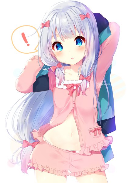 Anime picture 1403x1954 with eromanga sensei a-1 pictures izumi sagiri mafuyu (chibi21) single long hair tall image looking at viewer blush fringe open mouth blue eyes light erotic simple background white background silver hair head tilt arms up :o arms behind head