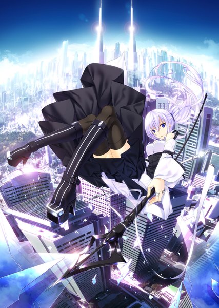 Anime picture 1067x1500 with original ayatudura single long hair tall image blue eyes bare shoulders white hair cityscape falling girl thighhighs dress weapon black thighhighs detached sleeves building (buildings) thigh boots