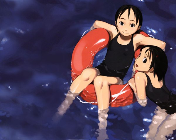 Anime picture 1280x1024 with comic lo takamichi looking at viewer short hair open mouth light erotic black hair smile multiple girls :d from above loli afloat girl 2 girls swimsuit one-piece swimsuit swim ring