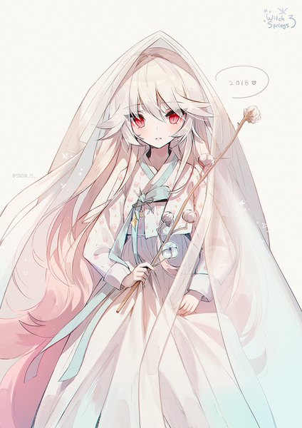 Anime picture 800x1132 with witch springs eirudy snow is single tall image looking at viewer blush fringe simple background hair between eyes red eyes white background signed white hair long sleeves very long hair traditional clothes copyright name twitter username floral print
