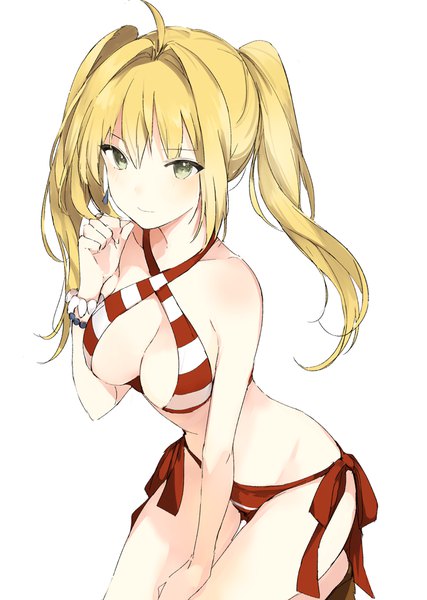 Anime picture 700x984 with fate (series) fate/grand order fate/extra nero claudius (fate) (all) nero claudius (swimsuit caster) (fate) lpip single long hair tall image looking at viewer fringe breasts light erotic blonde hair simple background smile hair between eyes large breasts white background twintails
