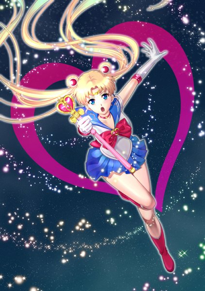 Anime picture 800x1137 with bishoujo senshi sailor moon toei animation tsukino usagi sailor moon anko (anko-chan) single tall image looking at viewer open mouth blue eyes blonde hair twintails very long hair girl skirt gloves hair ornament miniskirt boots white gloves