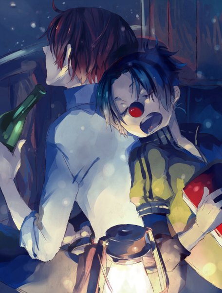 Anime picture 1900x2500 with one piece toei animation shanks buggy the clown mochika (artist) tall image highres short hair blue hair red hair sleeping back to back clown boy shirt bottle lamp