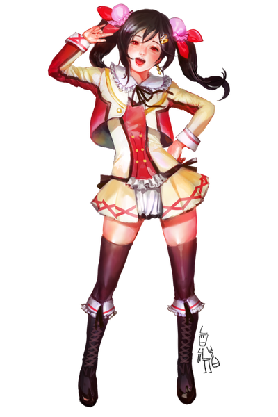 Anime picture 740x1110 with love live! school idol project sunrise (studio) love live! yazawa nico nyubb single long hair tall image looking at viewer fringe open mouth black hair red eyes standing twintails pleated skirt zettai ryouiki hand on hip girl thighhighs