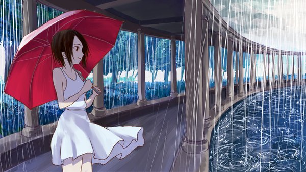 Anime picture 1280x720 with original kaeru314 single short hair brown hair wide image brown eyes rain girl plant (plants) tree (trees) umbrella sundress