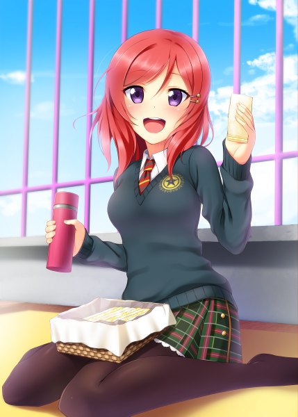 Anime picture 858x1200 with love live! school idol project sunrise (studio) love live! nishikino maki yu-ta single tall image looking at viewer blush short hair open mouth purple eyes red hair girl skirt uniform school uniform pantyhose food sweater