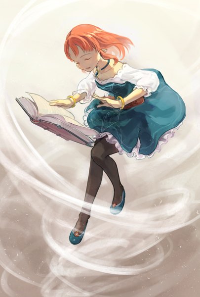Anime picture 966x1430 with original yin (artist) single tall image short hair open mouth simple background eyes closed wind pointy ears orange hair short sleeves flying girl dress pantyhose choker bracelet pendant book (books)