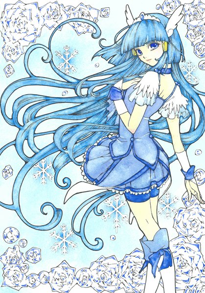 Anime picture 715x1023 with precure smile precure! toei animation aoki reika cure beauty sayococco single tall image looking at viewer fringe blue eyes blue hair very long hair looking back wind magical girl traditional media girl dress hair ornament