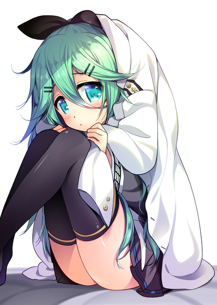 Anime picture 1137x1600 with kantai collection yamakaze (kantai collection) ringo sui single long hair tall image blush fringe light erotic simple background hair between eyes white background sitting long sleeves pleated skirt aqua eyes green hair cute girl thighhighs